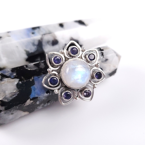925 Sterling Silver Rainbow Moonstone and Iolite Flower Ring Size 7.5 - Picture 4 of 16